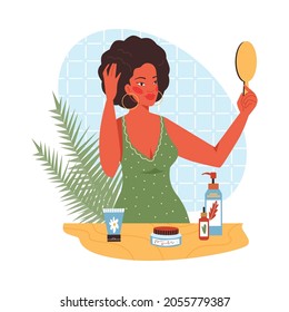 Design with beautiful young woman doing her hair in front of mirror, flat cartoon vector illustration isolated on white background. Face and hair care daily routine.
