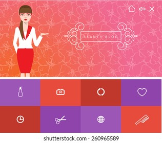 Design of beauty blog with monogram in the header. Icons for beauty, shopping, fashion and love concept.