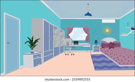 Design of Bedroom with Bed Furniture Window Vector Illustration