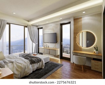 the design of the bedroom has a make-up area and a television with beautiful lighting settings