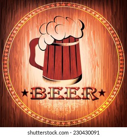 Design of a beer mug on the wooden background. Vector