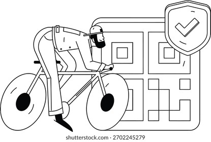 Projeto de entrega de bicicleta qr código seguro varredura bicicleta piloto transporte logística tecnologia seguro serviço de entrega verctor arte ilustração png