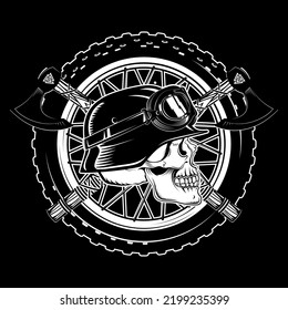 Design in a biker retro style. Motorbike wheel, helmeted skull with goggles and crossed Viking axes drawn in a vintage style, isolated on black, vector illustration