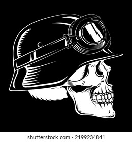 Design In A Biker Retro Style. Skull With Motorbike Helmet And Safety Goggles, Isolated On Black, Vector Illustration