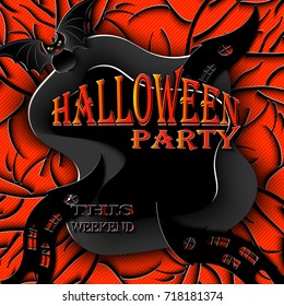Design of billboard, poster, banner, flyer, invitations to Halloween party. Dancing houses, trees, bat on original background for Halloween. Paper cut style. 