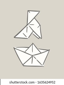 Design of bird and boat origami draw