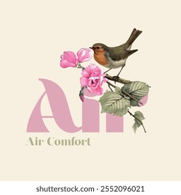 Design of a bird on a branch of pink flowers with text included. Air comfort