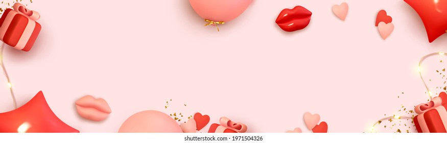 Design for birthday, wedding, Valentine's day. Romantic creative horizontal banner, template header for website. Holiday web poster, flyer, stylish brochure. Realistic vector 3d decorative objects.