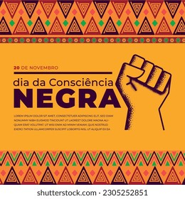 design for black awareness day in portuguese language. black woman illustration and background with african pattern.