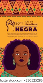 design for black awareness day in portuguese language. black woman illustration and background with african pattern.