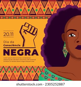 design for black awareness day in portuguese language. black woman illustration and background with african pattern.