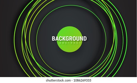 Design a black background with intersecting strokes of green soaring circles. Template for web, banners and brochures. Vector illustration