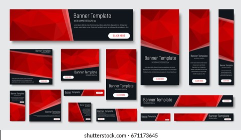 design of black banners of standard size. Templates with red polygonal elements and buttons. Vector illustration. Set