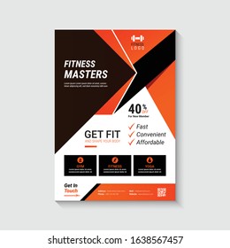 Design of a black brochure, flyer, poster with orange ribbons and a place for photos. Template of the front for business, advertising and printing. Sport sample. Vector illustration