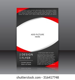 Design Of The Black Flyer Vector Illustration With Red Elements And Place For Pictures. Poster Template For Your Business.