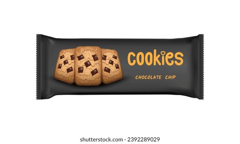 Design black foil packaging template for chocolate chip cookies snack. 
Vector illustration EPS 10.