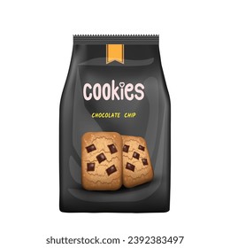 Design black foil packaging template for chocolate chip cookies snack. 
Vector illustration EPS 10.