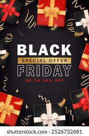 Design of Black Friday banner with super sale advertisement and 3d gift boxes with golden confetti. Promotional poster, discount card with presents and ribbon streamers for website or social media