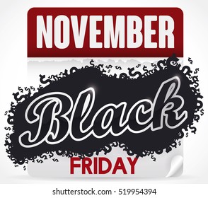Design for Black Friday with a loose-leaf calendar reminder with a dark cloud with money symbols across it, announcing big discounts in this day.