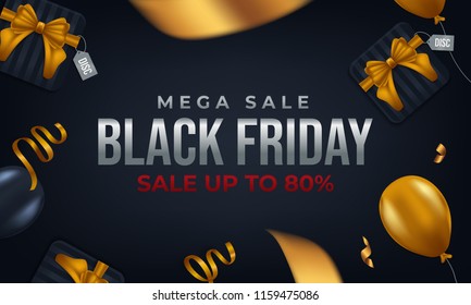 Design black friday mega Sale up to 80% with boxes, balloons and ribbons of gold