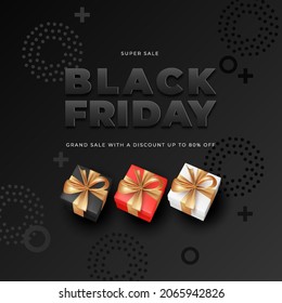 Design of the Black Friday sale banner. Red, white and black realistic gifts on abstract decorative background