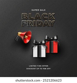 Design des Black Friday Verkaufsbanners mit Megaphon und Geschenkboxen