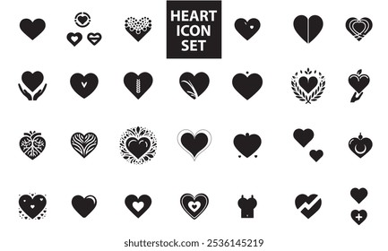 Design a black heart icon set silhouette in vector format featuring multiple heart styles with smooth edges, fully editable for versatile use in social or romantic designs.