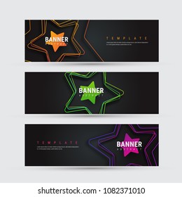 Design of a black horizontal vector banner with objects in the form of a star with a shadow. Template for the web. Set
