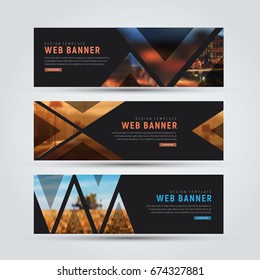 Design of black horizontal web banners. Templates of standard size with triangles for a photo. Vector illustration. Set