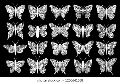 Design black isolated butterfly silhouette set. Graphic insect cutting. Vector illustration.