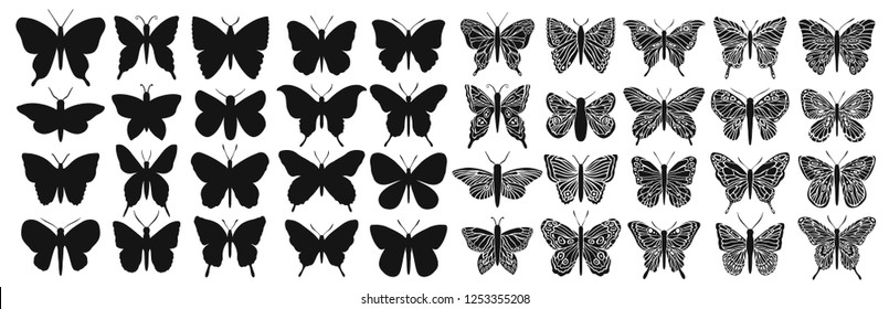 Design black isolated butterfly silhouette set. Graphic insect cutting. Vector illustration.