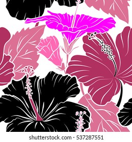 Design in black, pink and magenta colors for invitation, wedding or greeting cards. Vector hibiscus floral pattern. Watercolor hand drawing style on white background. Floral with hibiscus flowers.