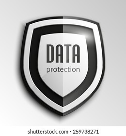 Design black Protection shield concept. Safety badge icon. Privacy banner. Security label. Defense tag. Presentation sticker shape. Vector illustration