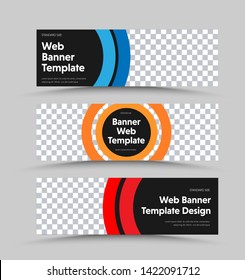 Design black vector horizontal web banners with place for photo and color round design elements. Templates for advertising, the standard size. Set