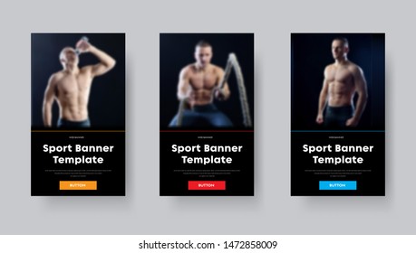 Design of black vector web banners for sports with place for photo and color buttons. A set of templates of standard size.