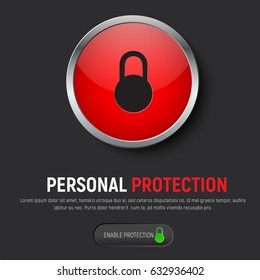 Design of a black web banner with a red round button and an icon of a hinged closed lock. Template for protecting the cloud, e-mail and bank cards. Vector illustration