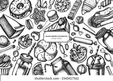 Design with black and white cinnamon, macaron, lollipop, bar, candies, oranges, buns and bread, croissants and bread, strawberry, milk boxes, smoothie cup, lollipop, smothie jars, cheesecake, eclair