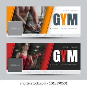 Design of black and white covers for social networks with diagonal lines and a place for photos. Web banner template with red and orange elements. A sample for the gym. Vector illustration