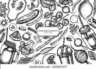 Design with black and white lemons, broccoli, radish, green beans, cherry tomatoes, beet, greenery, carrot, basil, pumpkin, smoothie cup, smothie jars, cucumber, celery