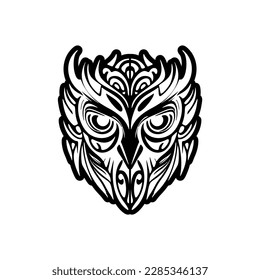 Tattoo design of a black and white owl featuring Polynesian patterns.