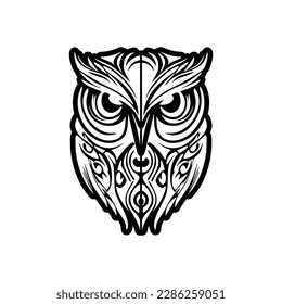 Tattoo design of a black and white owl featuring Polynesian patterns.