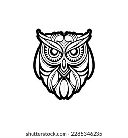 ﻿Tattoo design of a black and white owl with Polynesian motifs.
