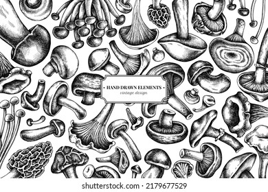 Design with black and white oyster mushroom, champignon, honey agaric, etc.