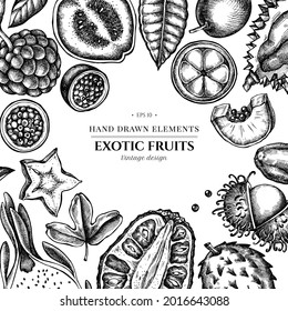 Design with black and white papaya, guava, passion fruit, starfruit, durian, rambutan, pitaya, jackfruit, sugar-apple, soursop, mangosteen