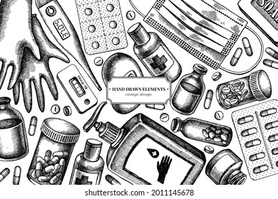 Design with black and white pills and medicines, medical face mask, sanitizer bottles, medical thermometer, coronavirus rapid test, soap, medical gloves