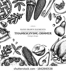 Design with black and white pumpkin, fork, knife, pears, turkey, pumpkin pie, apple pie, corn, apples, rowan, maple, oak