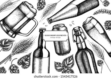 Design with black and white rye, hop, mug of beer, bottles of beer, aluminum can