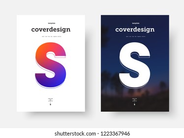 Design of black and white vector minimalist cover, poster with letter "S" for a photo. Flyer, brochure template with soft purple-orange gradient and stroke