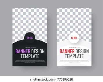 Design a black and white vertical web banner with a semicircle and a place for photos. Vector template with a round button and text.