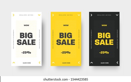 Design of black, white and yellow vector web banner for big sale in stories. Template with arrows pattern. Set for advertising stores in the sicoal media